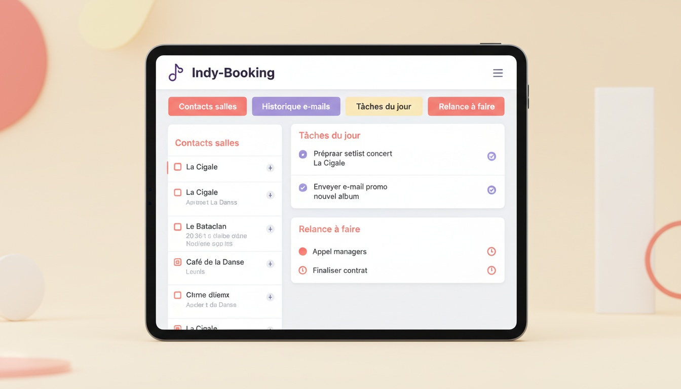 Interface Indy-Booking : tableau de bord pour musiciens indépendants avec contacts salles, historique e-mails et tâches de relance